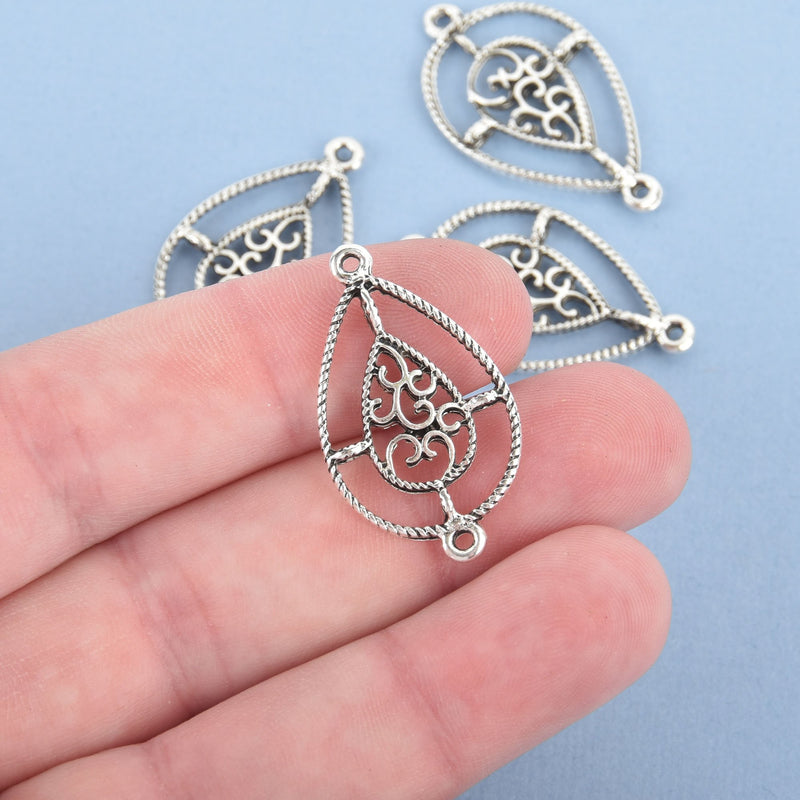 2 Silver Teardrop Filigree Charms Connector Link, 1.25" long, chs4615