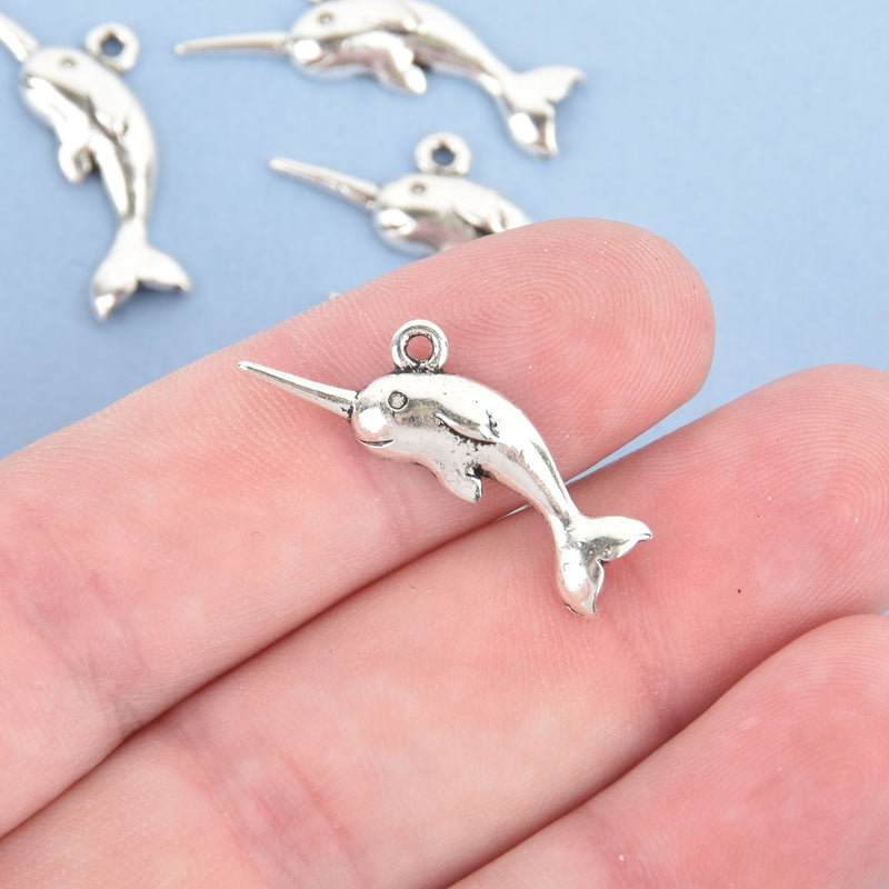 10 NARWHAL Charms, Silver Metal 28mm chs4621