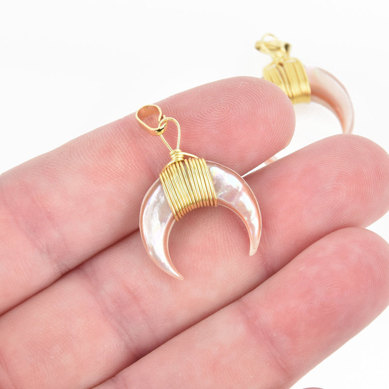 Peach Shell Double Horn Charm Pendant, Crescent Horn, GOLD Wire Wrap, Upside Down Moon 20mm (3/4"), chs4631