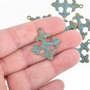 5 Bronze Cross Fleury Relic Charms, BLUE Verdigris Patina, Fleur de Lis Cross, Hammered Metal, double sided, 30x28mm, chs4632