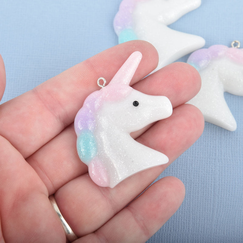 2 Large UNICORN Charms, glitter resin, 44x40mm chs4638