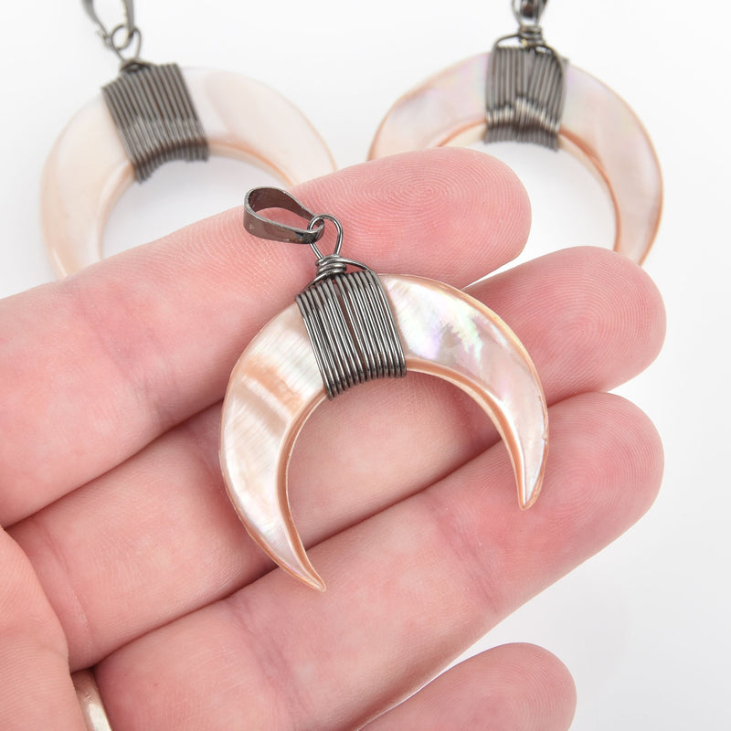 Peach Shell Double Horn Charm Pendant, Crescent Horn, Black Wire Wrap, Upside Down Moon 35mm (1-3/8"), chs4641