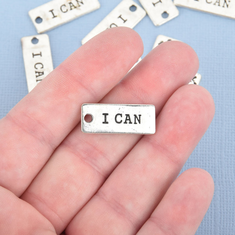 10 I CAN Charms, Silver Stamped Rectangle Charms, Quote Affirmation Charms, Jewelry Tags, 24mm long, chs4642