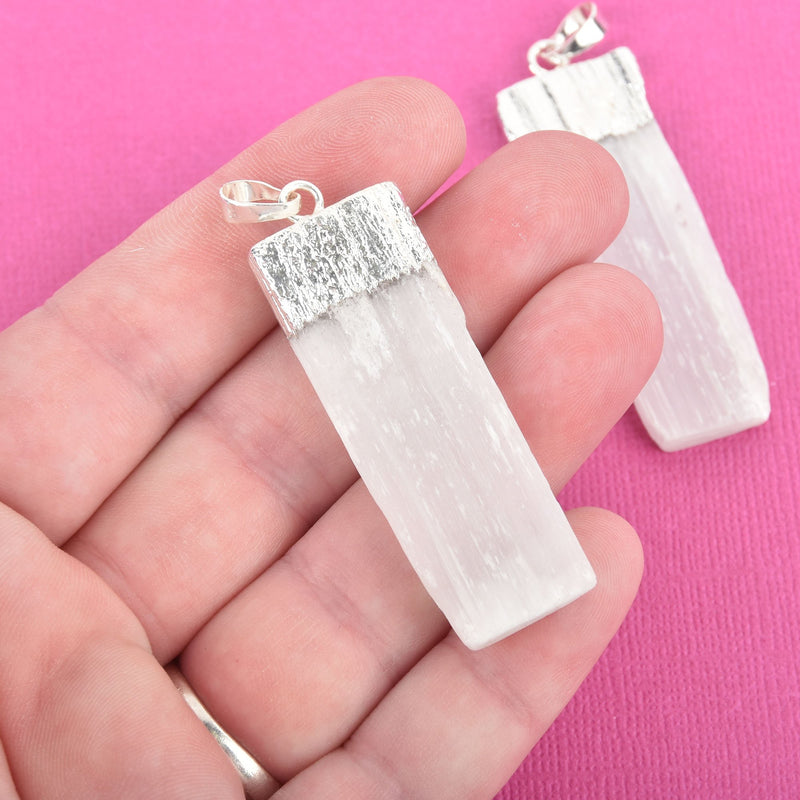 1 White SELENITE Gemstone Stick Charm Pendant, Silver Bail, 2" long chs4643