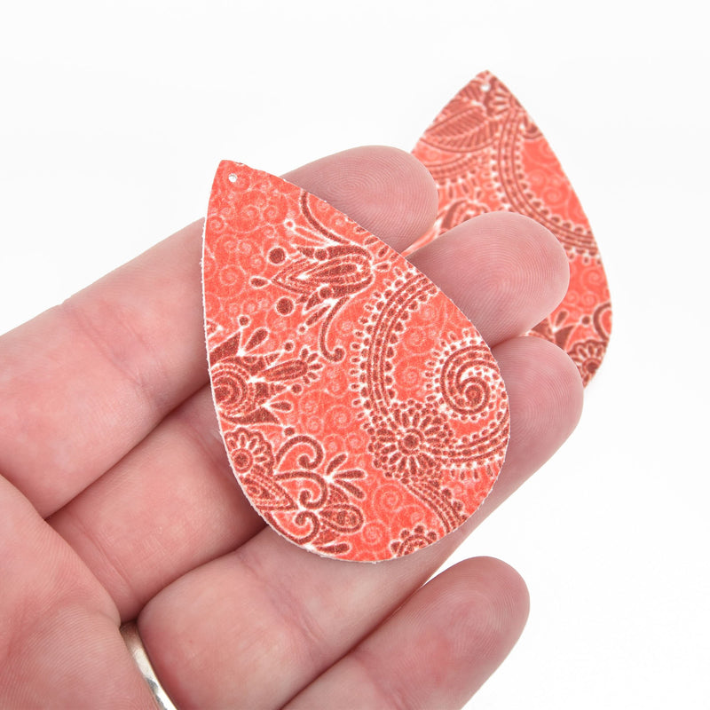 10 CORAL RED Floral Faux Leather Teardrop Charm Pendants Vegan Leather, 2-1/4" long chs4647