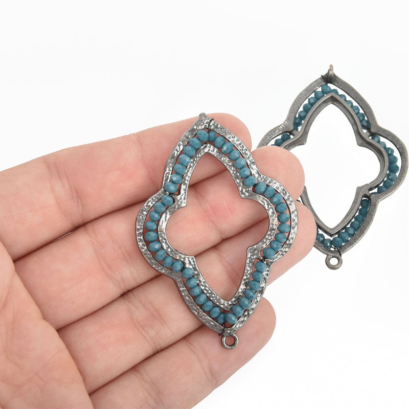 2 Gunmetal QUATREFOIL Beaded Charms, TEAL BLUE Crystal Beads, Connector Link, 2-1/4" long, chs4660