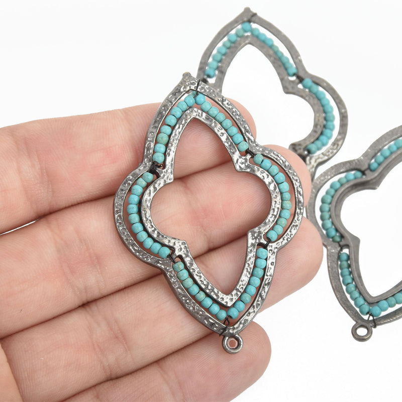 2 Gunmetal QUATREFOIL Beaded Charms, TURQUOISE BLUE Crystal Beads, Connector Link, 2-1/4" long, chs4664