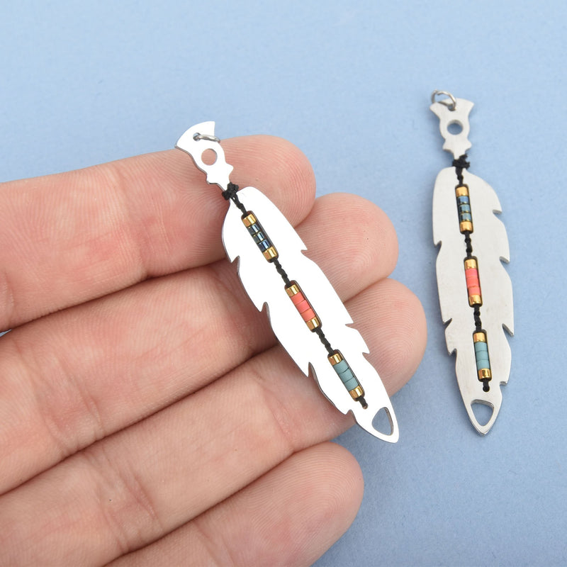 1 Shiny Silver Beaded Feather Charm Connector Link, 50mm chs4668