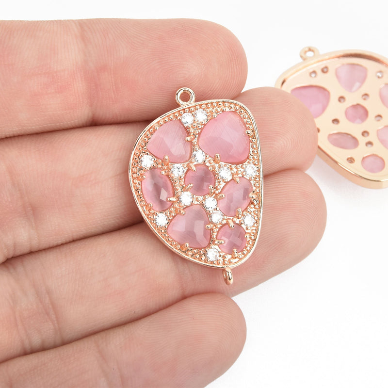 PINK Cats Eye and Crystal Rose Gold Charm Connector Link, Drop Charm, 30mm chs4675
