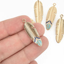 5 Gold Blue Feather Charms, enamel 32mm chs4691
