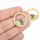 1 Matte Gold Beaded Circle Charm, Blue Green Seed Beads 25mm chs4696