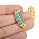 Gold and Blue Feather Charm, enamel and Miyuki Delica seed beads 32mm chs4698