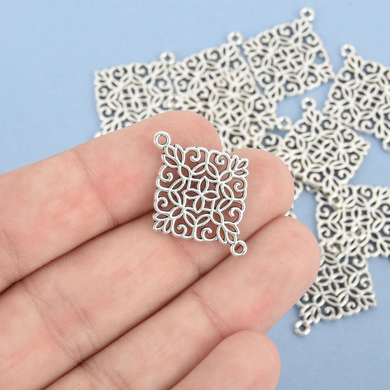 10 Square Silver Filigree Connector Charms, 28mm long, chs4703