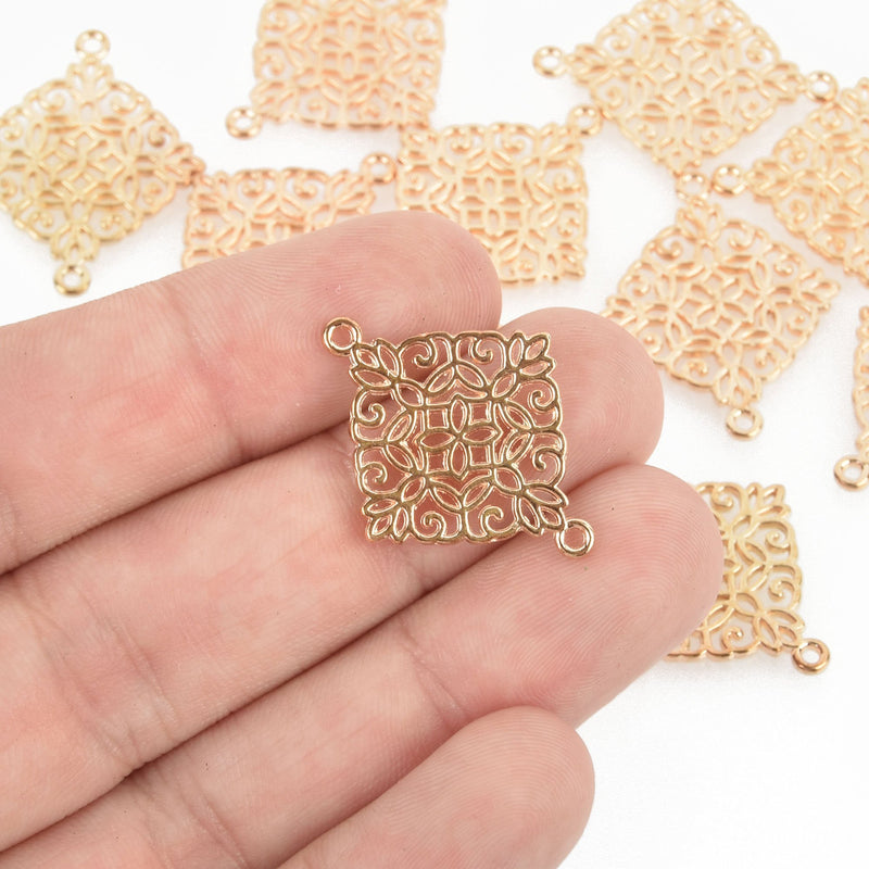 10 Square Light Gold Filigree Connector Charms, 28mm long, chs4704