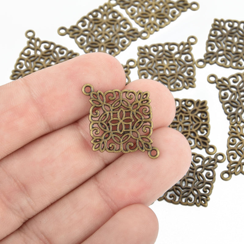 10 Square Bronze Filigree Connector Charms, 28mm long, chs4705