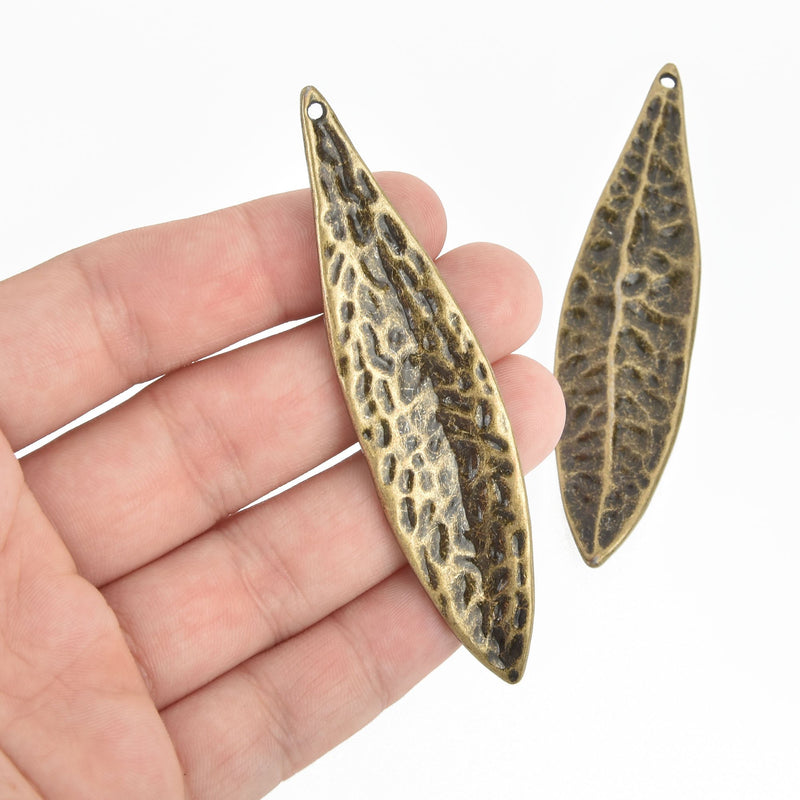 2 Bronze Leaf Charms, Large Pendants, 3-3/8" long, chs4709