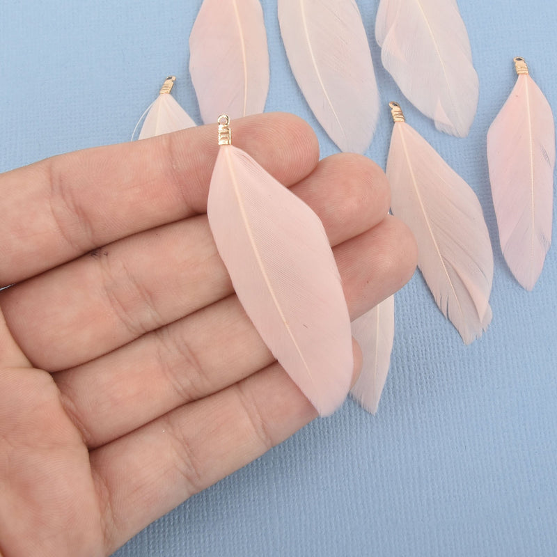 20 Blush Pink Real Feather Charms with gold bail 2" to 2.5" long, chs4715
