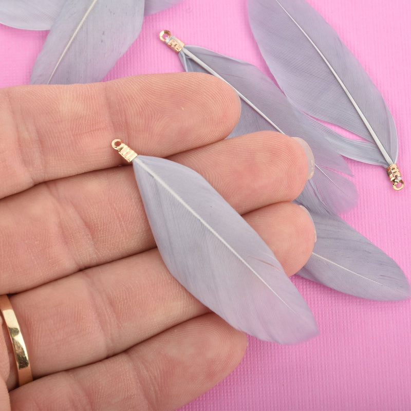 20 Gray Real Goose Feather Charms with gold bail 2" to 2.5" long, chs4716