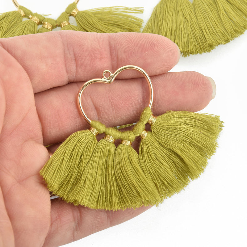 2 Large Tassel Charms Gold HEART with OLIVE GREEN Fringe Tassels 75x55mm chs4720