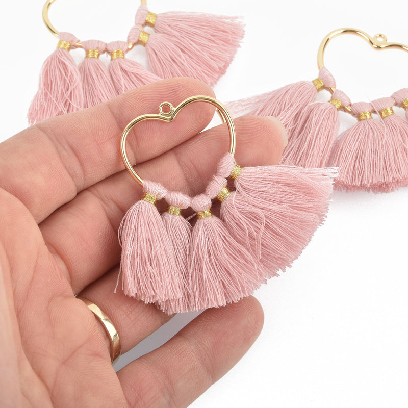 2 Large Tassel Charms Gold HEART with PINK Fringe Tassels 75x55mm chs4724