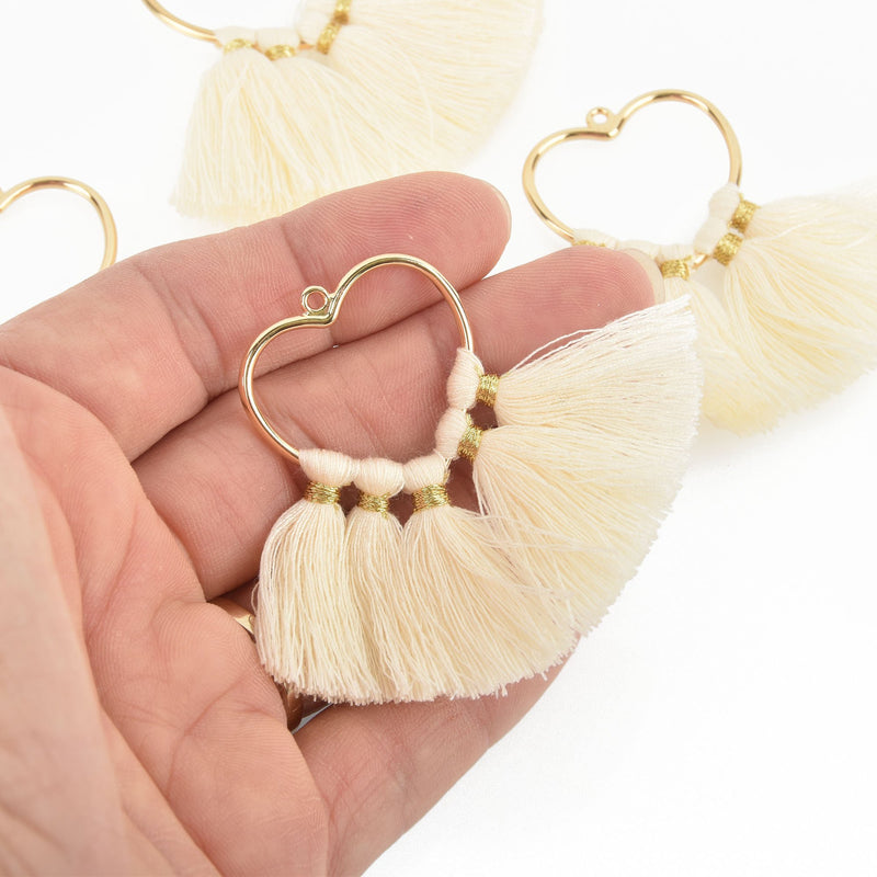 2 Large Tassel Charms Gold HEART with BEIGE Fringe Tassels 75x55mm chs4725