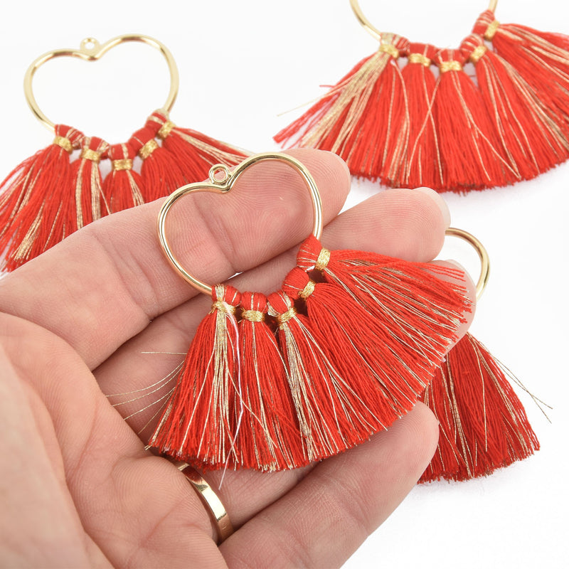 2 Large Tassel Charms Gold HEART with RED Fringe Tassels 75x55mm chs4726