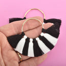 2 Large Fan Tassel Charms Gold CIRCLE Ring with BLACK and WHITE Fringe 80x57mm  chs4727