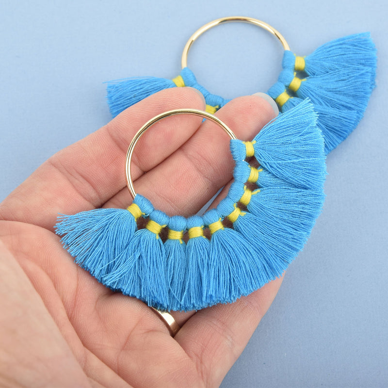 2 Large Fan Tassel Charms Gold CIRCLE Ring with BLUE and YELLOW Fringe 80x57mm chs4728
