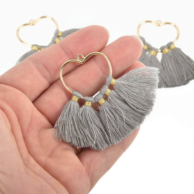 2 Large Tassel Charms Gold HEART with GRAY Fringe Tassels 75x55mm chs4729