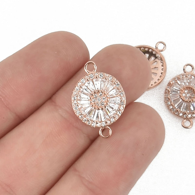 1 Rose Gold Round Charm, Micro Pave CZ Cubic Zirconia Crystals, Rhinestone 2-hole Connector Link, 20x14mm, chs4730