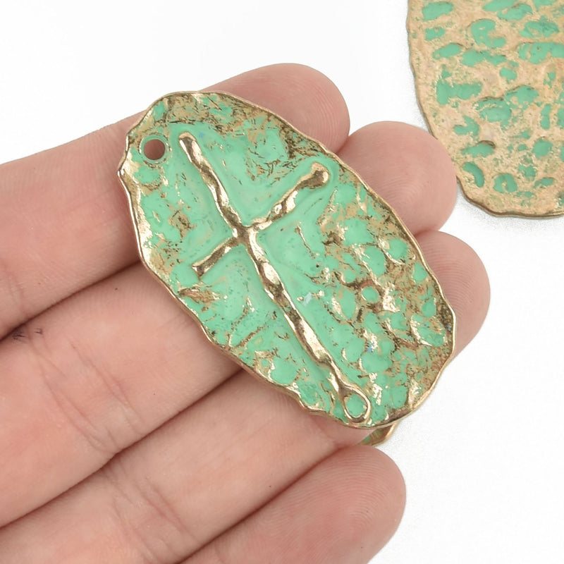 5 Hammered Gold Cross Pendant Charms, Light Gold with GREEN verdigris patina, large oval 1-7/8" long, chs4731