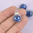 5 Glass Ball Charms round globe glass vial with sparkly DARK BLUE confetti stars 21x16mm chs4732