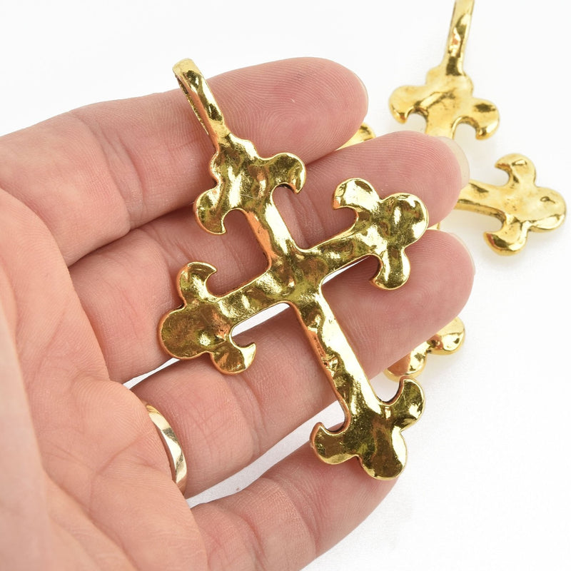 2 Gold Cross Fleury Relic Charms, Large Fleur de Lis Cross, Hammered Plated Metal 3" long chs4733
