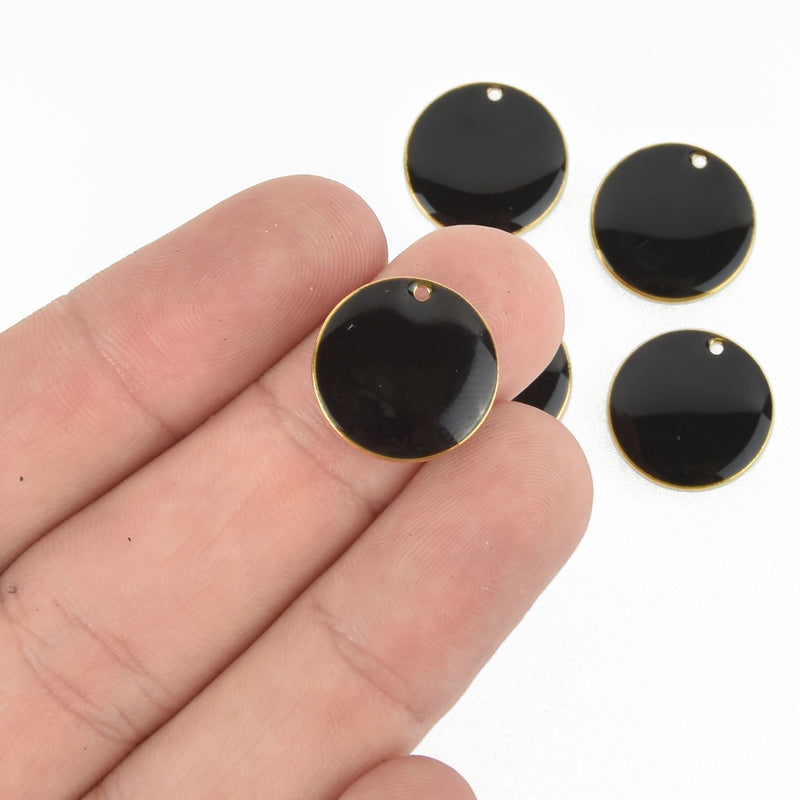 5 BLACK Enamel Dot Charms, Gold Round Circle Sequin, double sided, 16mm (5/8"), chs4734