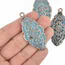 2 Fancy Pendant Charms, Copper with BLUE verdigris patina, large 2.25" long, chs4736