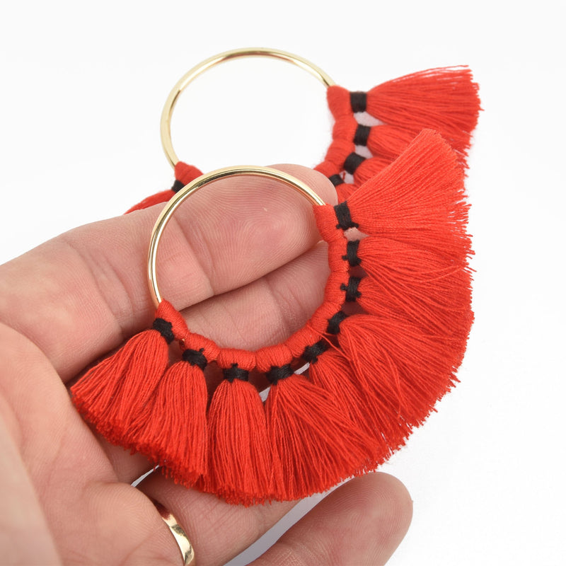 2 Large Fan Tassel Charms Gold CIRCLE Ring with RED and BLACK Fringe 80x57mm chs4738