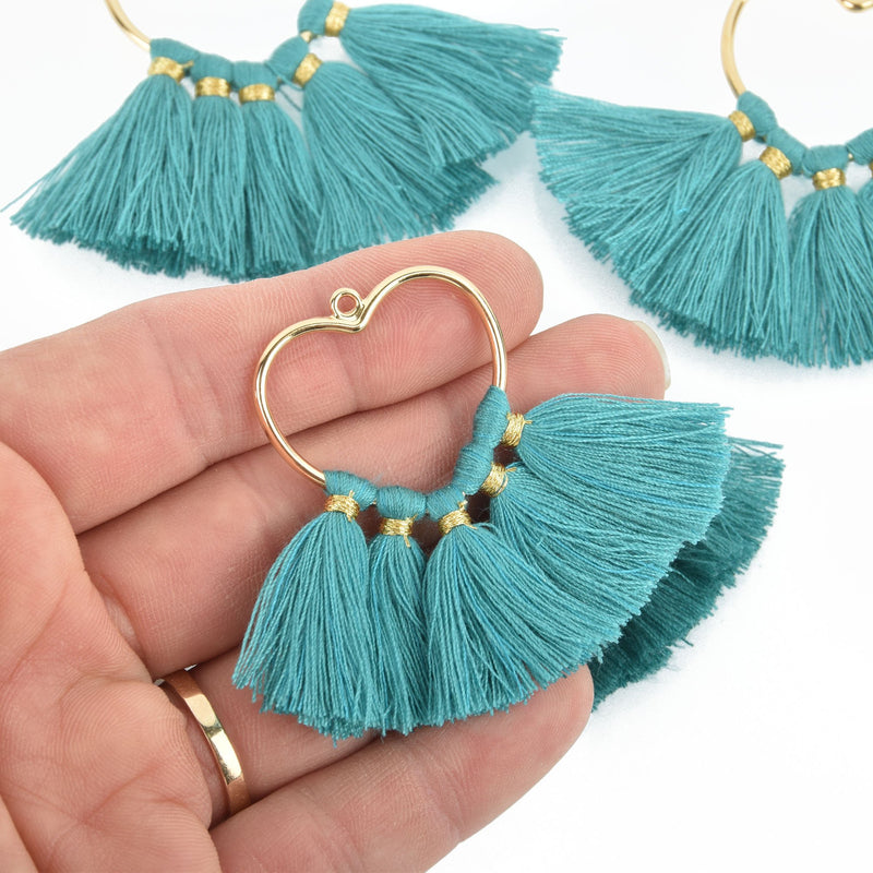 2 Large Tassel Charms Gold HEART with TEAL BLUE Fringe Tassels 75x55mm chs4739