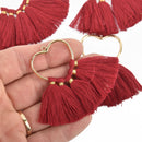 2 Large Tassel Charms Gold HEART with RED Fringe Tassels 75x55mm chs4740