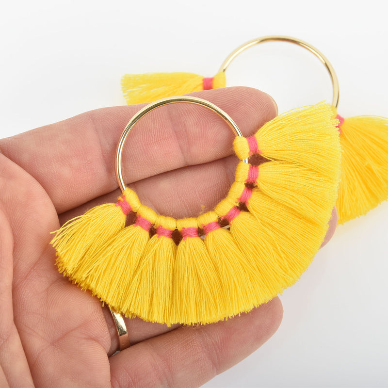 2 Large Fan Tassel Charms Gold CIRCLE Ring with YELLOW and PINK Fringe 80x57mm chs4742