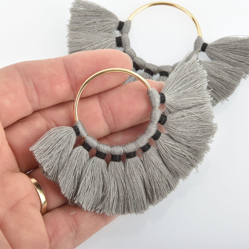 2 Large Fan Tassel Charms Gold CIRCLE Ring with GRAY and BLACK Fringe 80x57mm chs4743