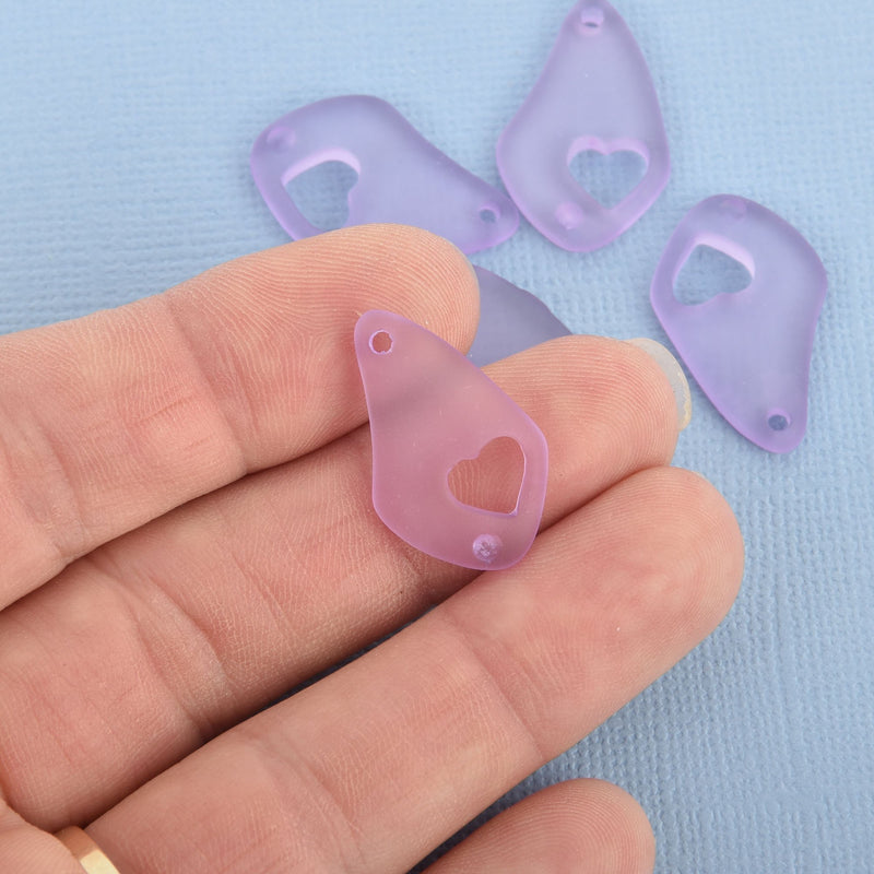 5 PURPLE Resin Charms Faux Beach Glass HEART Drop Frosted Matte Translucent 25x15mm chs4745