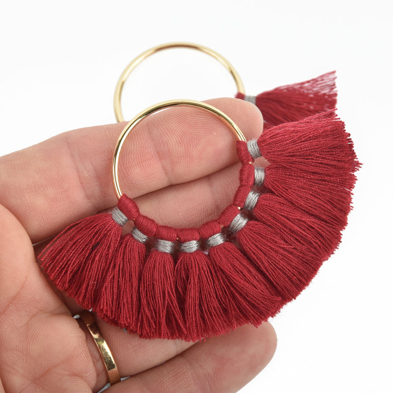 2 Large Fan Tassel Charms Gold CIRCLE Ring with RED and GRAY Fringe 80x57mm chs4754