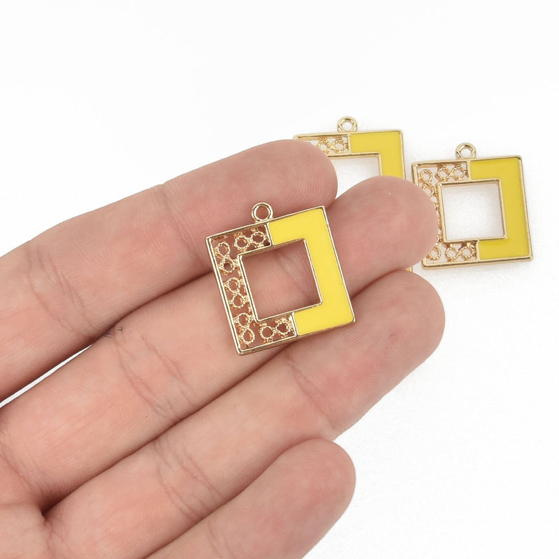 5 Square Yellow Filigree Charms, Enamel and Gold plated 23mm chs4755