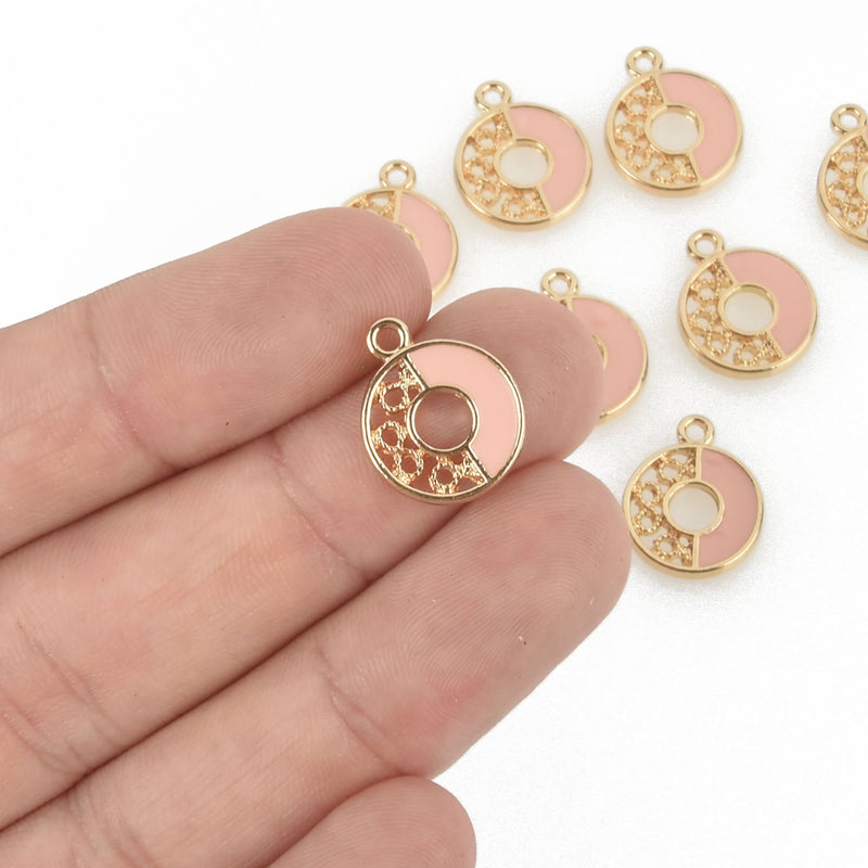 5 Round Pink Filigree Charms, Enamel and Gold plated 16mm chs4756