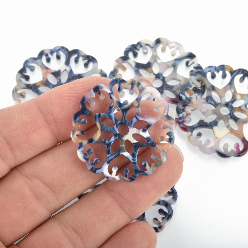 5 Acrylic Filigree Charms, blue marbled circle disc, 35mm chs4759