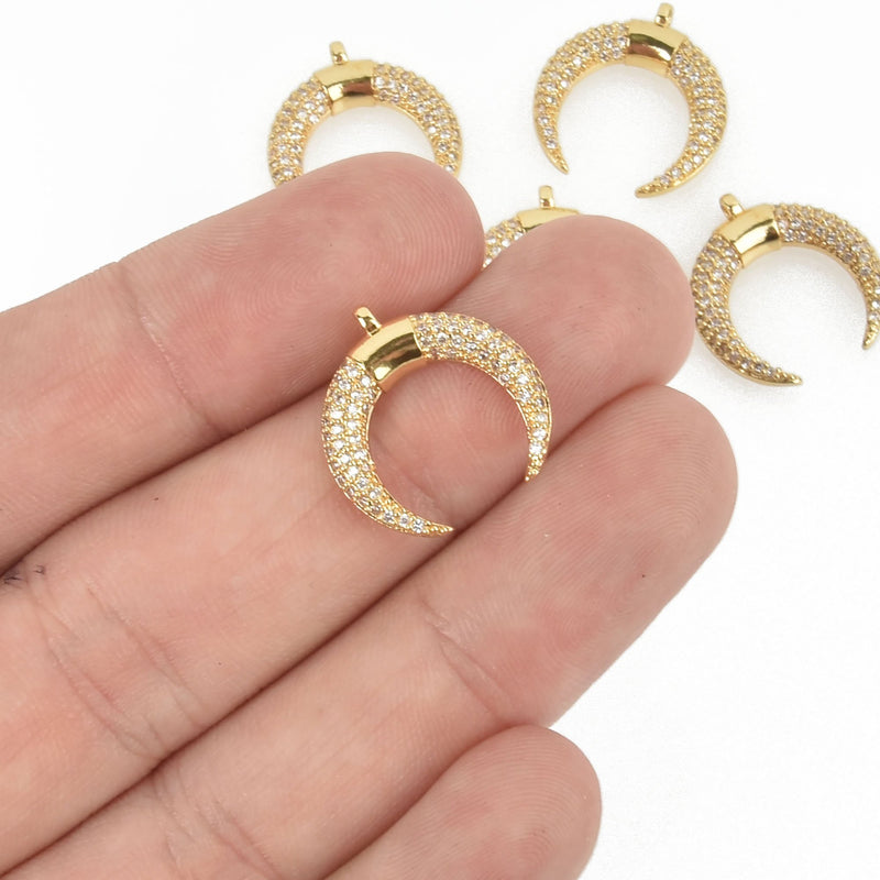 GOLD Double Horn Charm Micro Pave' Rhinestones 18mm chs4761