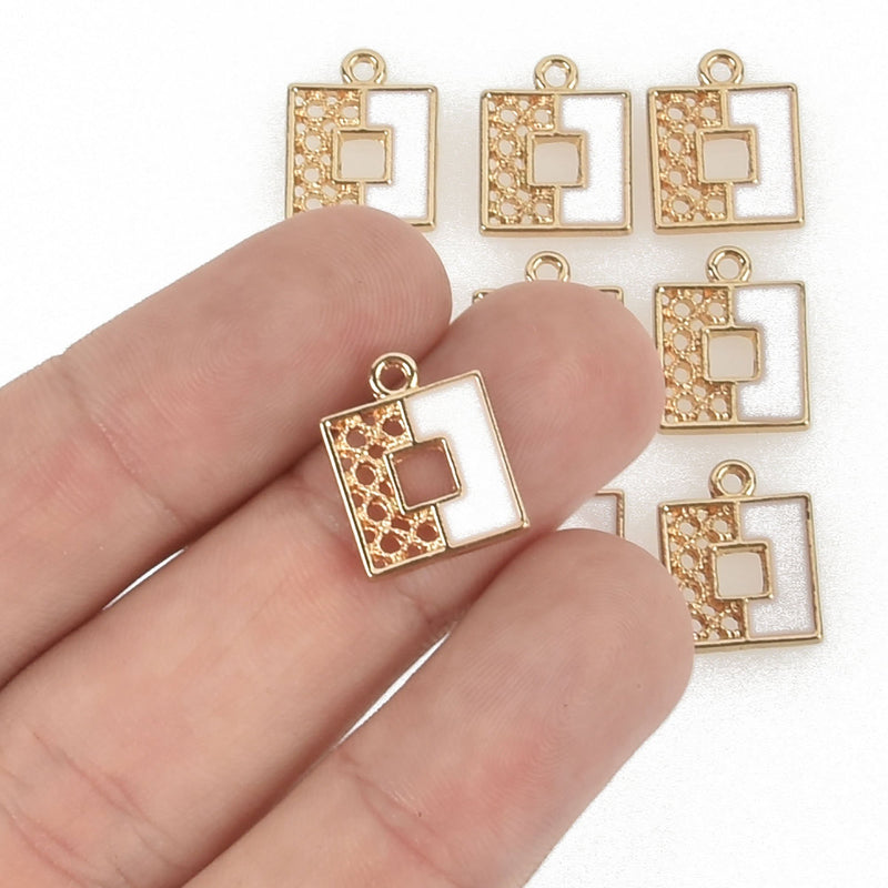 5 Square White Filigree Charms, Enamel and Gold plated 15mm chs4762