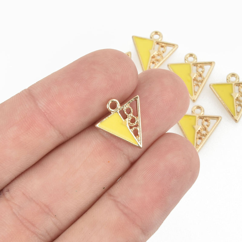 5 Triangle Yellow Filigree Charms, Enamel and Gold plated 15mm chs4765