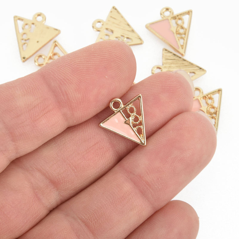 5 Triangle Pink Filigree Charms, Enamel and Gold plated 15mm chs4770