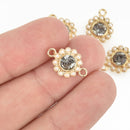 5 Gold Connector Link Charms, Round SMOKE GRAY Crystal Rhinestone with tiny faux pearls, 17mm, chs4774